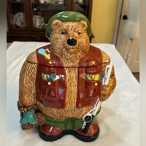 Vintage Fishing Theme Bear Cookie Jar